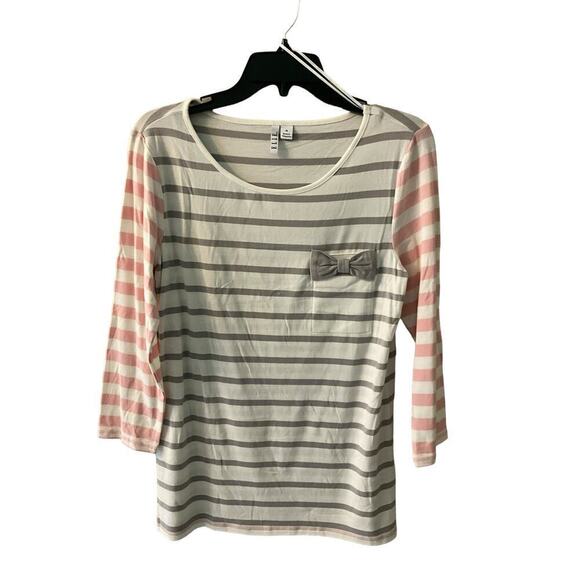 Elle Bow Top Womens Medium Pink White Striped Cotton Stretch Round Neck Pullover - Picture 1 of 5